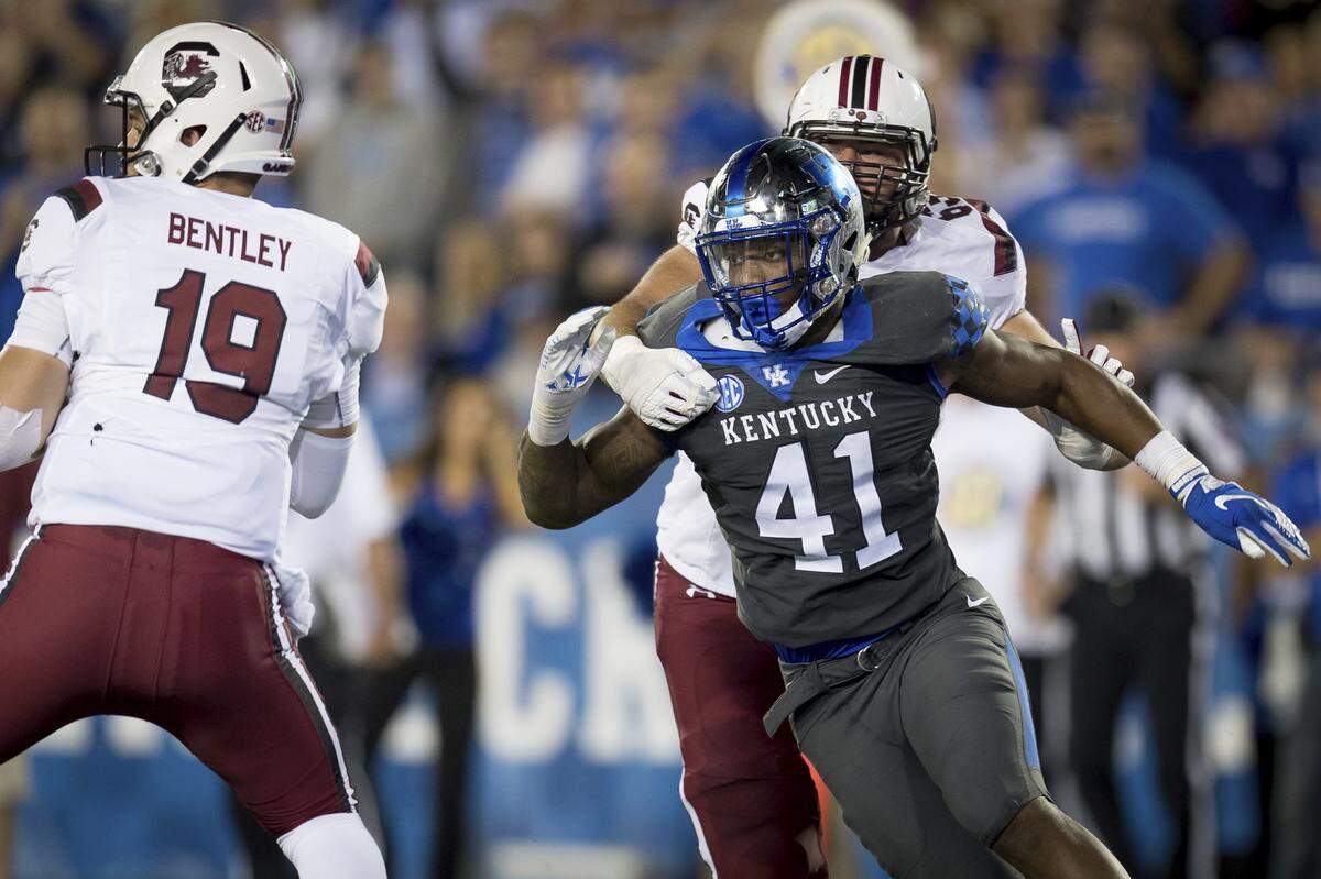 Former Kentucky star outside linebacker/rush end Josh Allen (41) had three quarterback sacks and four tackles for loss in UK’s 24-10 win over South Carolina last season.
