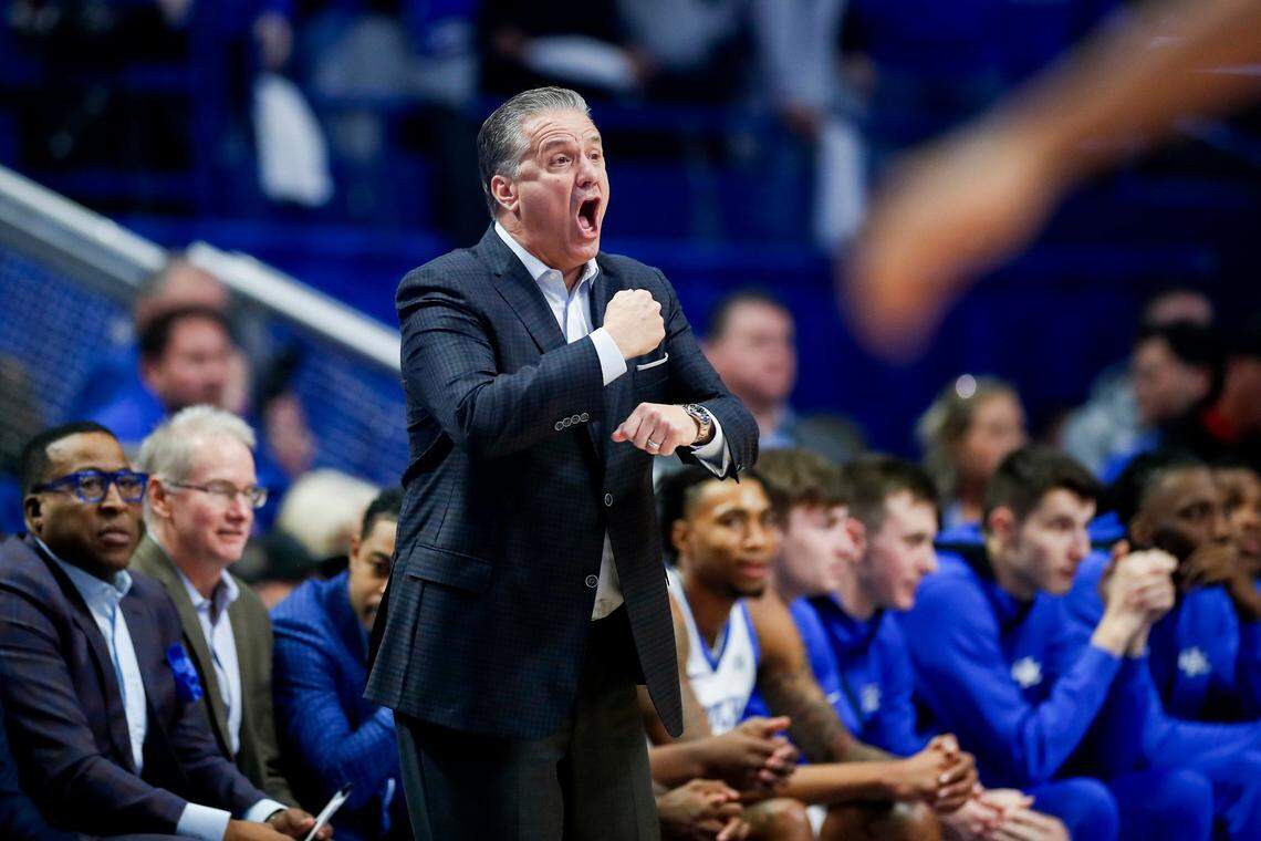 Kentucky head coach John Calipari calls to his players during Tuesday’s ACC/SEC Challenge game against Miami at Rupp Arena.
