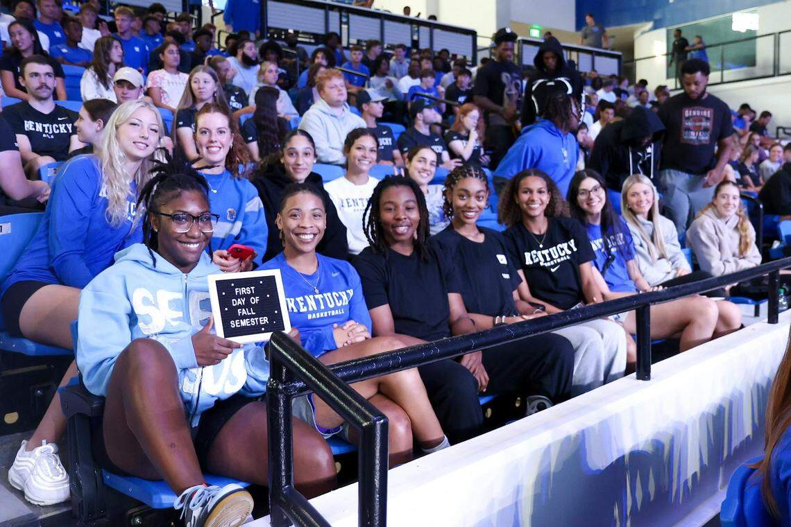 Some Wildcats spent their summer on Kentucky’s campus, while others were late arrivals after competing in international competitions. All were in place in Lexington for the first day of college classes this past week. Front row: Saniah Tyler, Dazia Lawrence, Jordan Obi, Teonni Key, Lexi Blue, Clara Silva, Cassidy Rowe, Dominika Paurova. Second row: Clara Strack, Amelia Hassett, Tanah Becker, Gabby Brooks, Georgia Amoore.