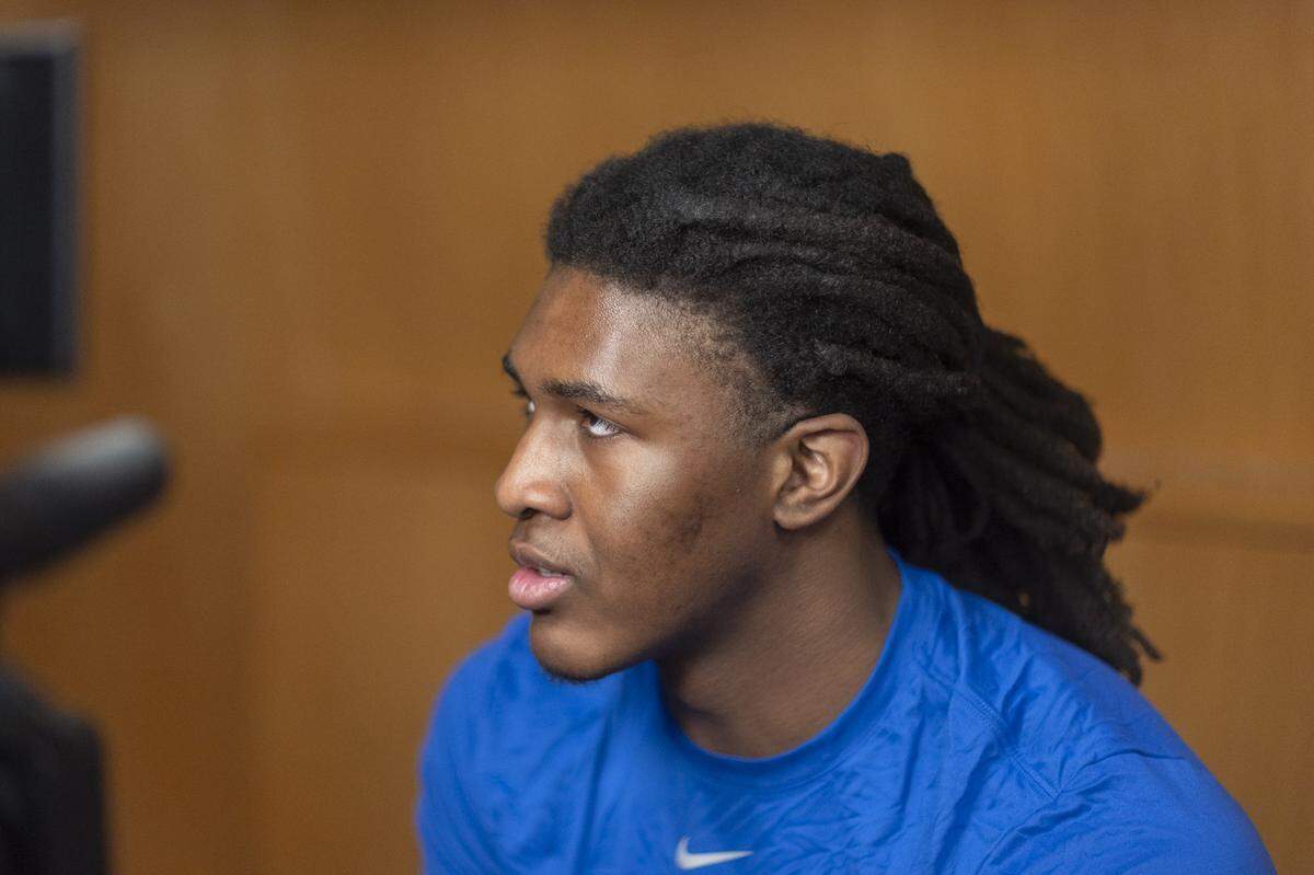Kentucky forward Jayden Quaintance speaks with media members prior to a practice before the first round of the NCAA men’s basketball tournament at Enterprise Center in St. Louis, Mo., on Thursday, March 19, 2026.