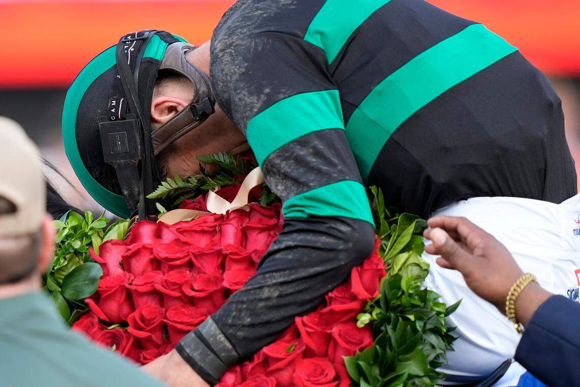 Jockey Brian Hernandez Jr. celebrates aboard Mystik Dan after winning the 150th running of the Kentucky Derby.