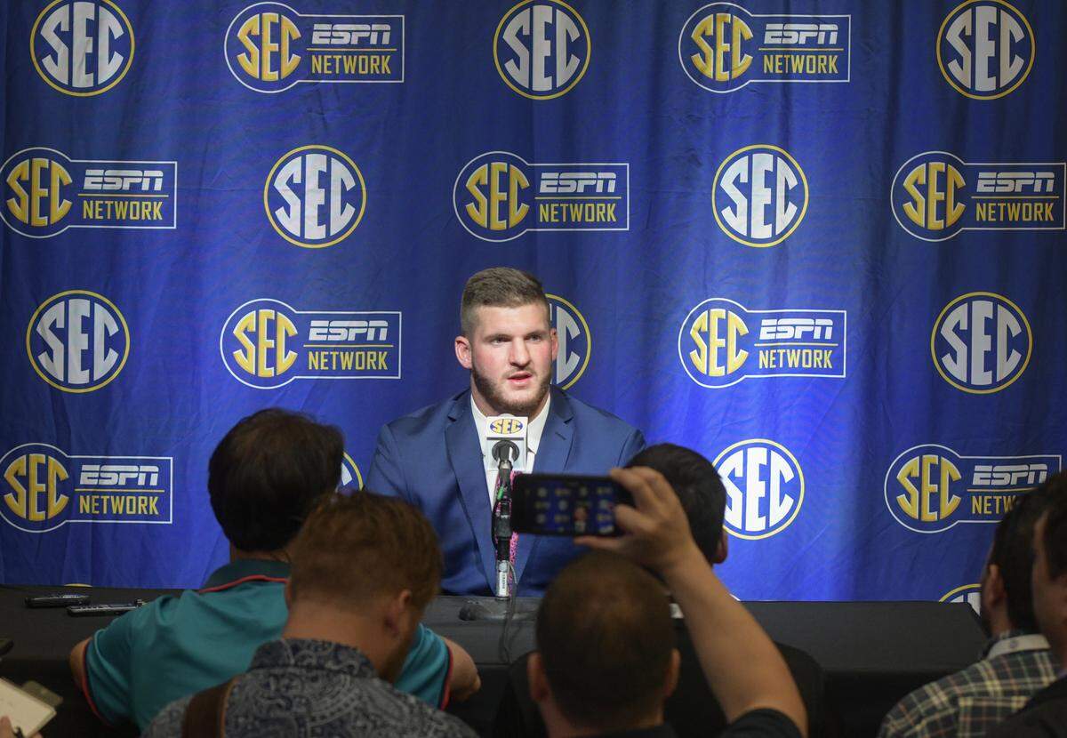 Kentucky tight end C.J. Conrad was interviewed during the Southeastern Conference’s media days at the College Football Hall of Fame in Atlanta on Monday.