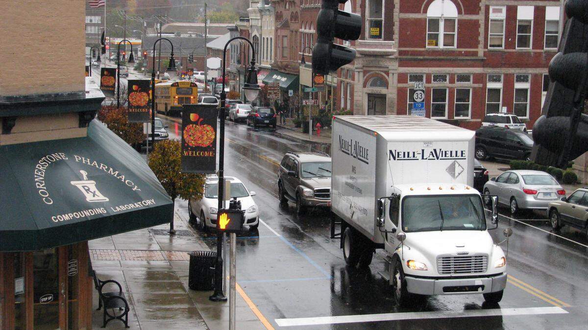 Afternoon traffic filled the streets of downtown Versailles. Some in Versailles say a proposed bypass around the  western edge of Versailles would alleviate this congestion, but Midway residents worry that it could lead to more traffic there.