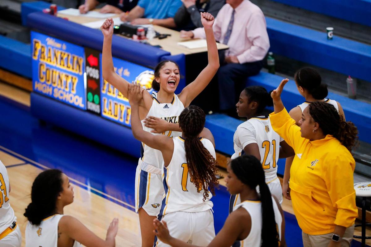 Franklin County’s Rachel Shropshire celebrates her team’s win against Anderson County on Thursday night.