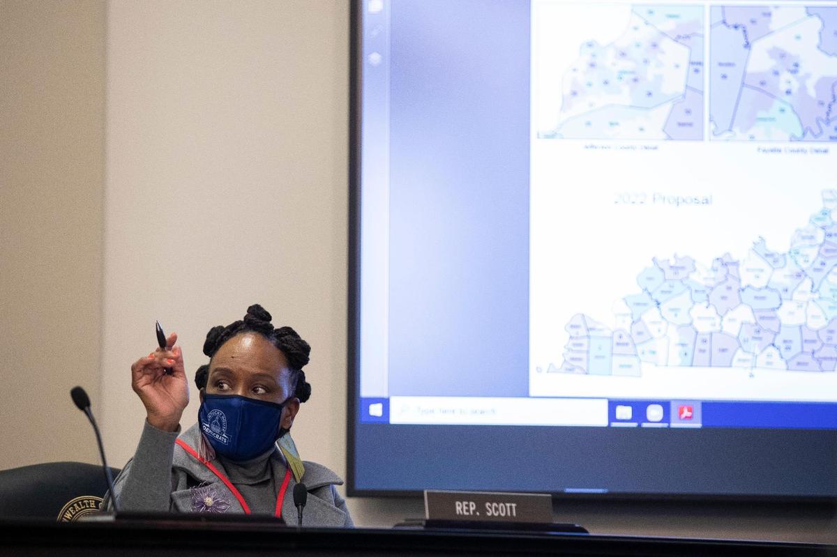 Rep. Attica Scott asks questions about House Bill 2 during the House standing committee on elections, constitutional amendments, and intergovernmental affairs.