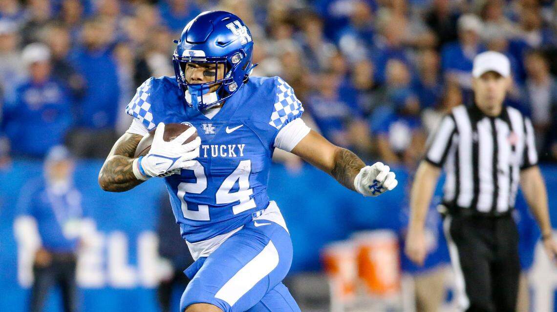 Kentucky star running back Chris Rodriguez (24) ran for 197 yards and two touchdowns to lead the No. 22 Wildcats past No. 16 Mississippi State on Saturday night at Kroger Field. Rodriguez now has 3,135 career yards at Kentucky, only the fourth UK player to exceed 3,000 yards in rushing.