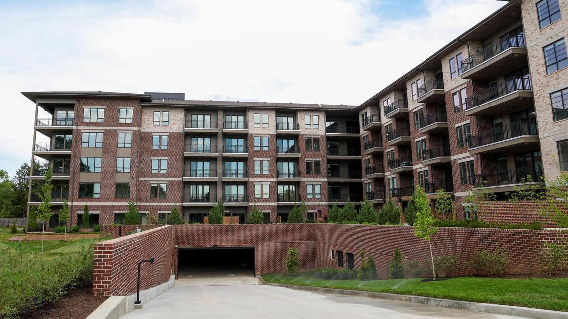 The five-story luxury apartment building Landing at Lakewood Harbour, shown Thursday, May 29, 2025 in Lexington, Ky., has 101 high-end, one- and two-bedroom apartments. Developers say about a third of which are leased. Prices start at $1,899 for one bedroom units and $2,699 for two bedrooms. The new development also includes a a 125-spot, gated, in-ground parking garage.