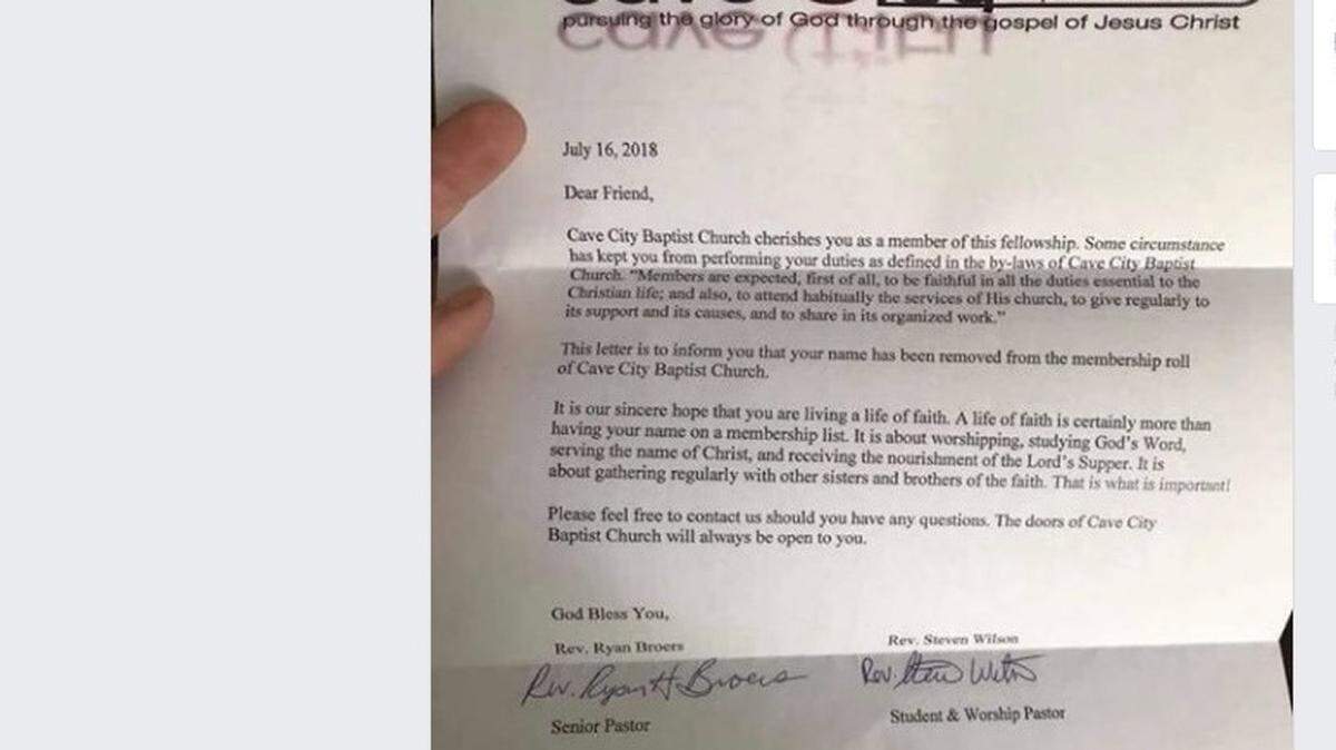 Some Cave City Baptist Church parishioners in Kentucky were unhappy after receiving a letter from the pastor telling them they were no longer members because they were not attending regularly.  The letter was posted to social media and commented on extensively.