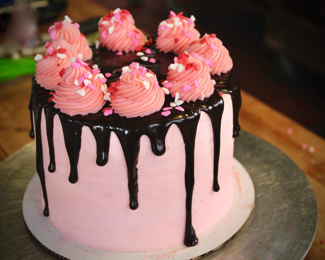 The strawberry cake from Midway Bakery is available as cupcakes or in two sizes for Valentine’s Day.