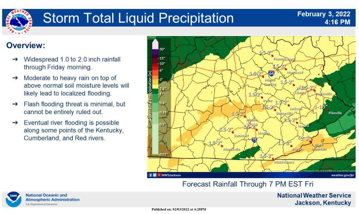 The National Weather Service has warned that heavy rain could lead to flooding in Eastern Kentucky.