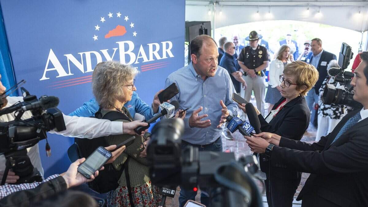 U.S. Rep. Andy Barr speaks with members of the media after announcing he’s running for the U.S. Senate during a campaign launch at Lynwood Estate in Richmond, Ky., on Tuesday, April 22, 2025. 