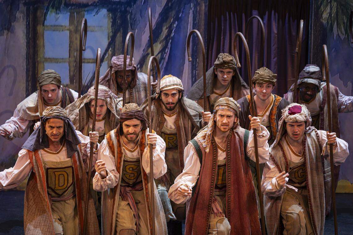 Joseph’s brothers sing and dance during a rehearsal of Joseph and The Amazing Technicolor Dreamcoat Monday, July 28, 2025, at the Lexington Opera House in Lexington, Ky.