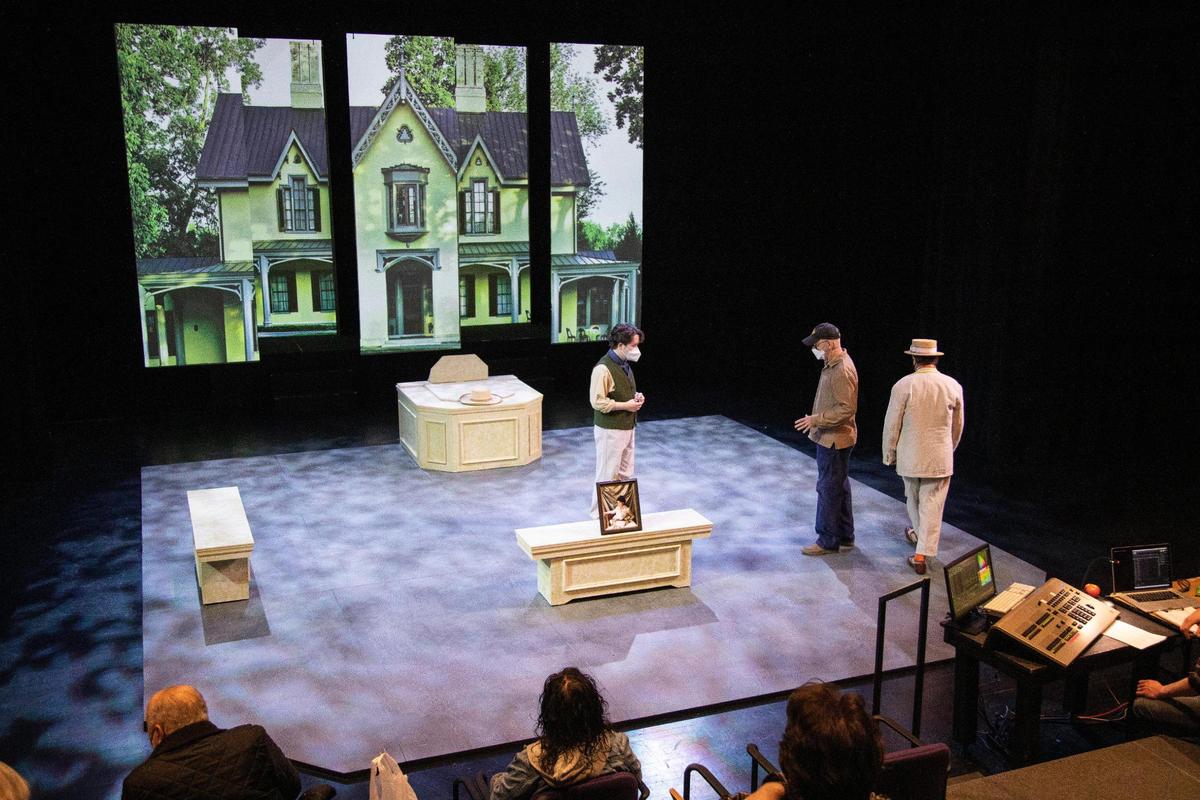 Director Drew Fracher and cast rehearse AthensWest Theatre Company’s production of William Shakespeare’s “Twelfth Night,” at the Pam Miller Downtown Arts Center in Lexington, Ky., Tuesday, April 19, 2022. The production is set in 19th Century Kentucky, with elements such as horse culture, bourbon, and traditional music.