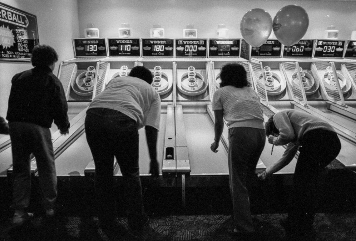 Skee-ball was popular when ShowBiz Pizza Place, shown here Wednesday, Jan. 4, 1984, at Woodhill Circle Plaza in Lexington, Ky., opened in December 1983. During the first year of business, it ran specials like the “$9.95 Night Out,” which included any large pizza, a pitcher of soft drink and free game tokens. 