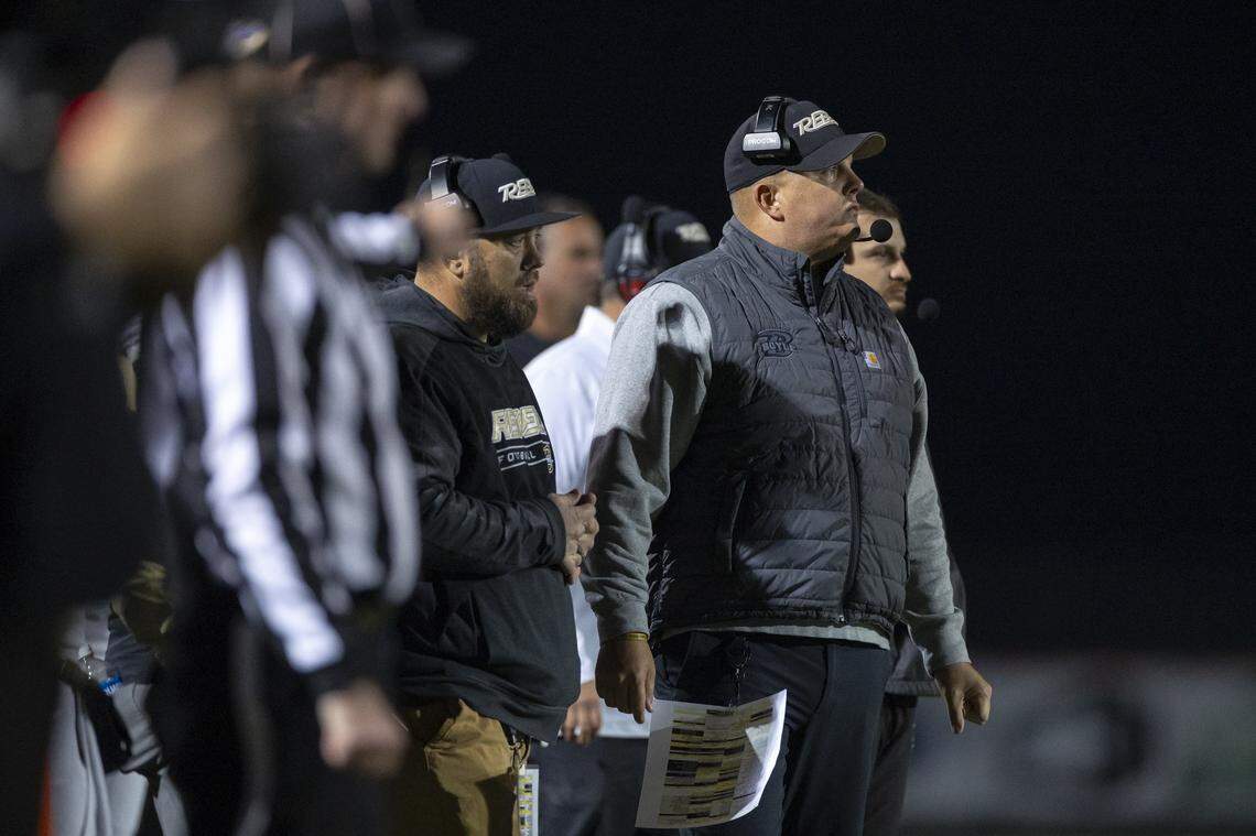 Boyle County's head coach Justin Haddix watches his team during a game at Frederick Douglass High School in Lexington, Ky., on Friday, Oct. 31, 2025.