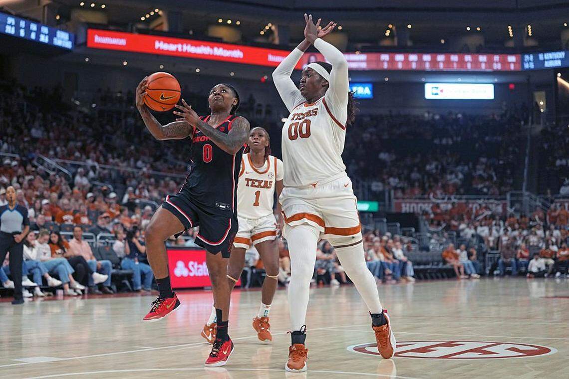 Texas center Kyla Oldacre (00) has made a combined 7 of 12 shots in two games vs. Kentucky over the past two seasons.