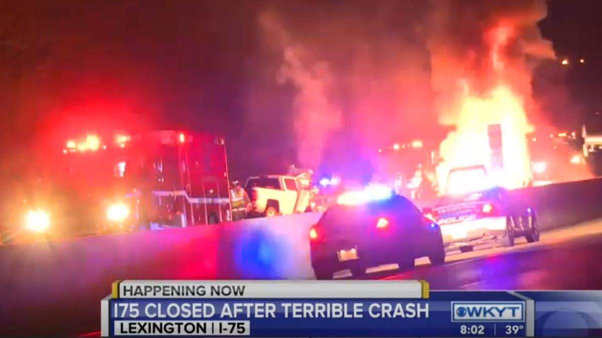 A camera crew from WKYT, the Herald-Leader’s reporting partner, filmed the early morning fire Sunday after a crash on I-75 that killed six. Police are looking for witnesses who saw a white Chevy pickup heading south in the northbound lanes before the crash.