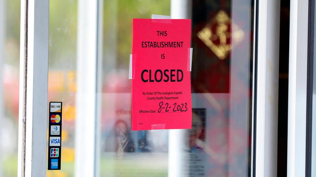 A closed sign was placed by the Lexington-Fayette County Health Department on front door of Panda Cuisine at 2358 Nicholasville Rd. #115 in Lexington, Ky. on Aug. 2, 2023. The popular Asian restaurant known for its authentic cuisine was shut down temporarily “largely due to evidence of rodents within the kitchen area.”