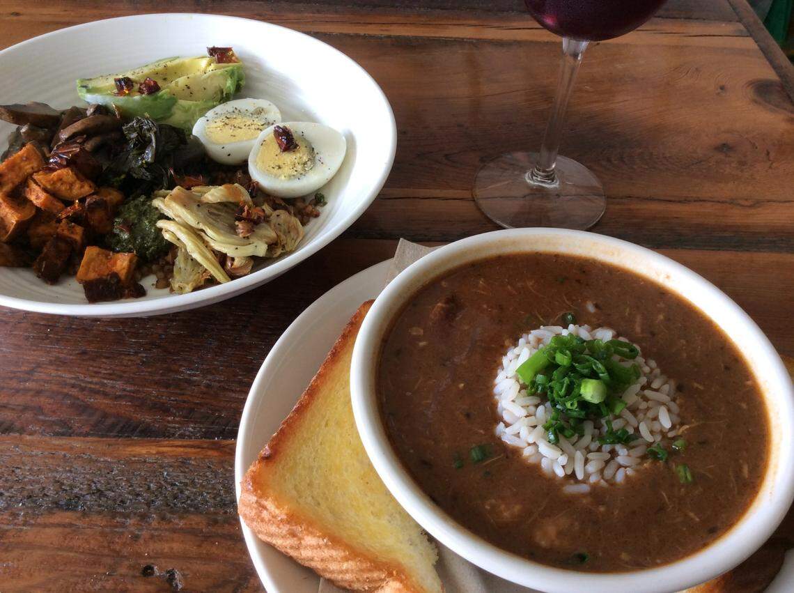 The Goodness Gracious Bowl salad and the gumbo from The Belt Line, 808 N. Limestone, the new restaurant from chef Robbie Morgan. Also on the table: Peach strawberry rhubarb sangria.