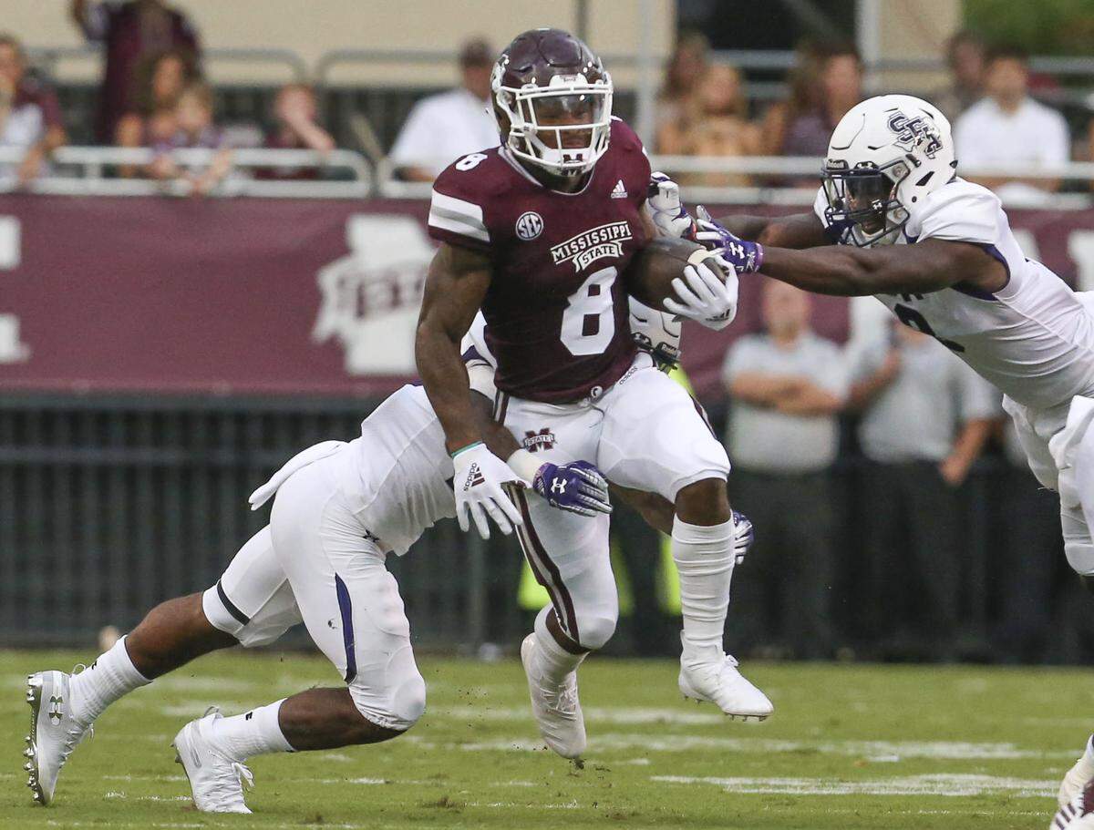 Mississippi State’s Kylin Hill (8) has been the Bulldogs’ top running back in the early part of the 2018 season.