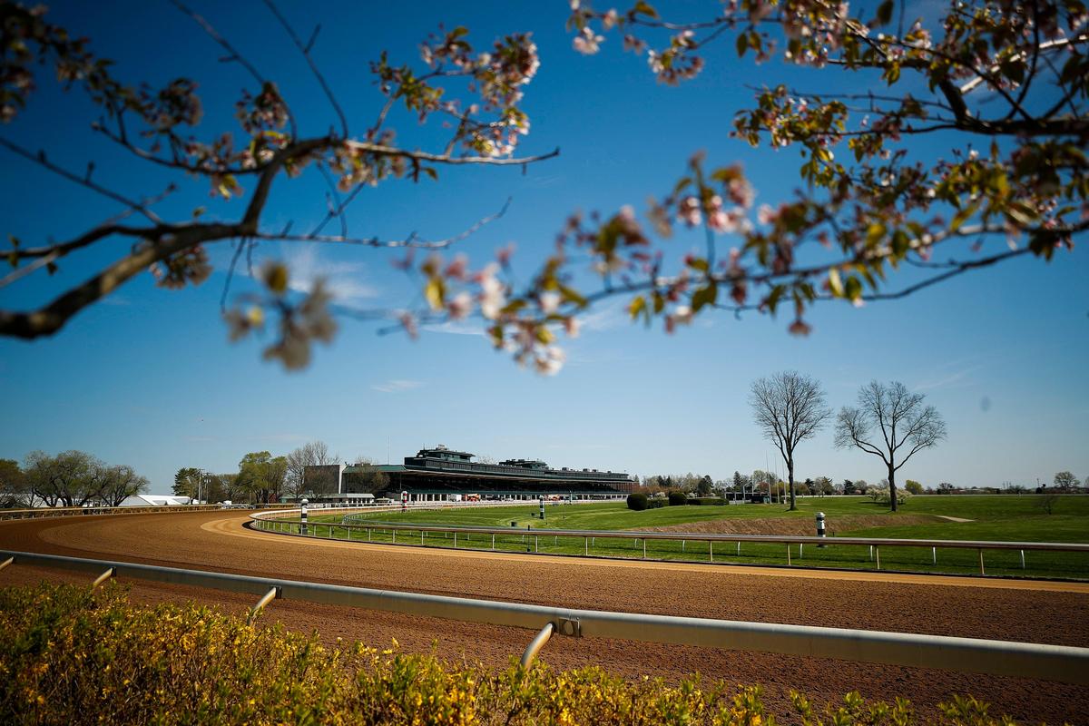 The track and grandstand were empty at Keeneland on Friday, April 3, 2020. Keeneland’s Spring Meet was canceled because of the COVID-19 pandemic.