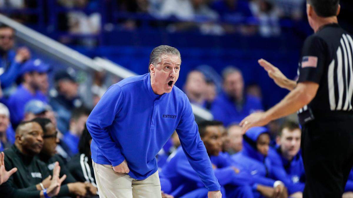 Kentucky Wildcats head coach John Calipari yells at the referees after a foul was called on his players during the game against the Arkansas Razorbacks at Rupp Arena in Lexington, Ky., Tuesday, February 7, 2023.