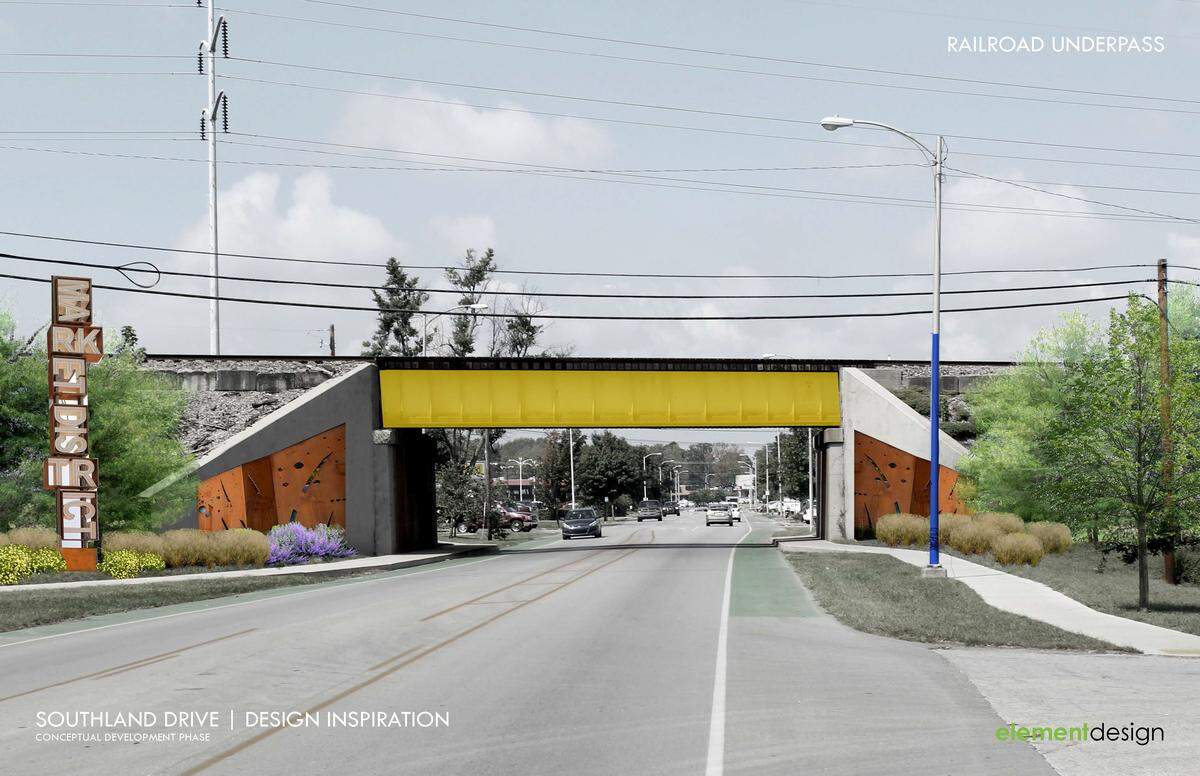 AFTER: The railroad overpass on Southland Drive will be re-imagined with a mural and surrounded by new trees and an art installation.