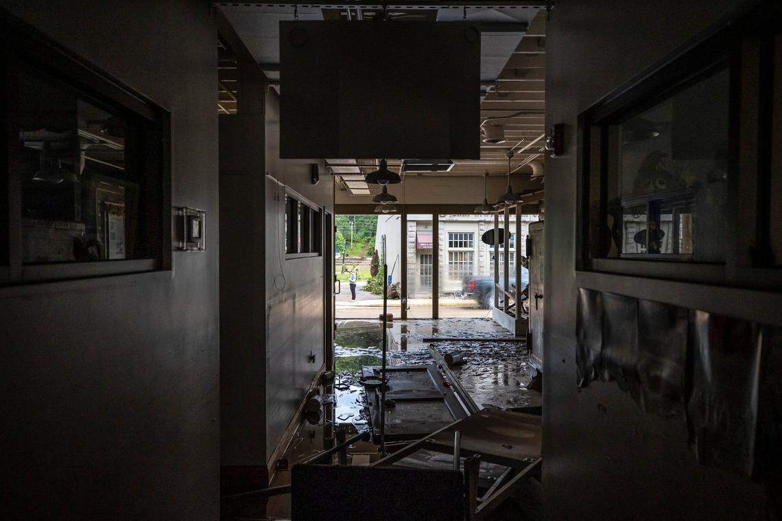 The Appalachian Artisan Center in Hindman, Ky., was severely damaged by flooding early on Thursday, July 28, 2022. (Ryan C. Hermens/Lexington Herald-Leader via AP)