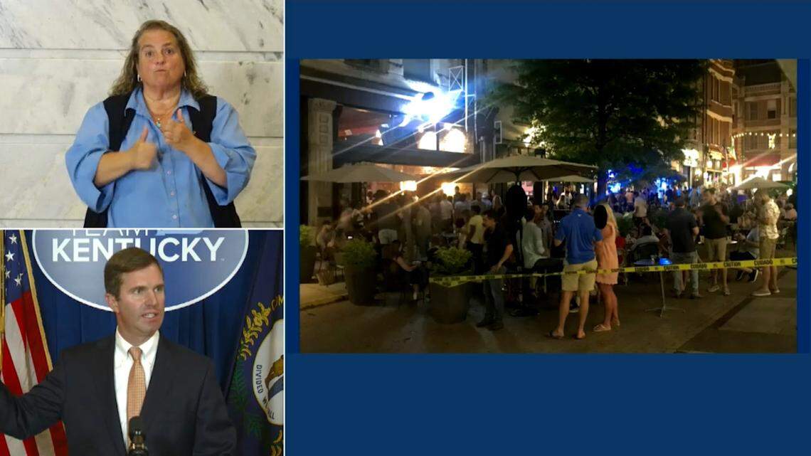 Gov. Andy Beshear on Monday showed photos of two Lexington bars that he said were not “doing things right” before he announced a two-week closure of bars and a cutback on restaurant capacity. One crowd was in the Fifth Third Pavilion in front of Centro.