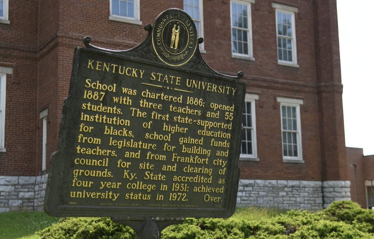 A historical marker at Kentucky State University on Wednesday, June 17, describes the institution as the United States’ first state-supported school for Black students.