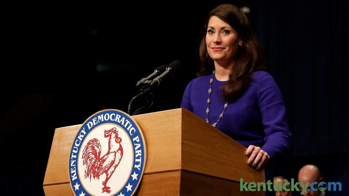 Alison Lundergan Grimes was melancholy as she spoke to supporters after being re-elected as Secretary of State at Democratic election night headquarters at the Frankfort Convention Center in Frankfort, Ky., on Nov. 3, 2015. Photo by Pablo Alcala | Staff