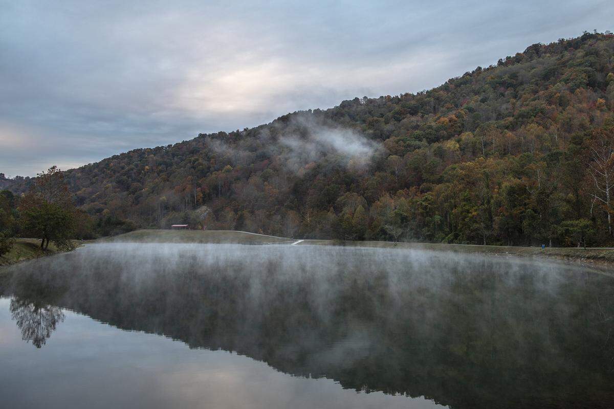 Fog hangs over Highsplint Lake in Harlan County.