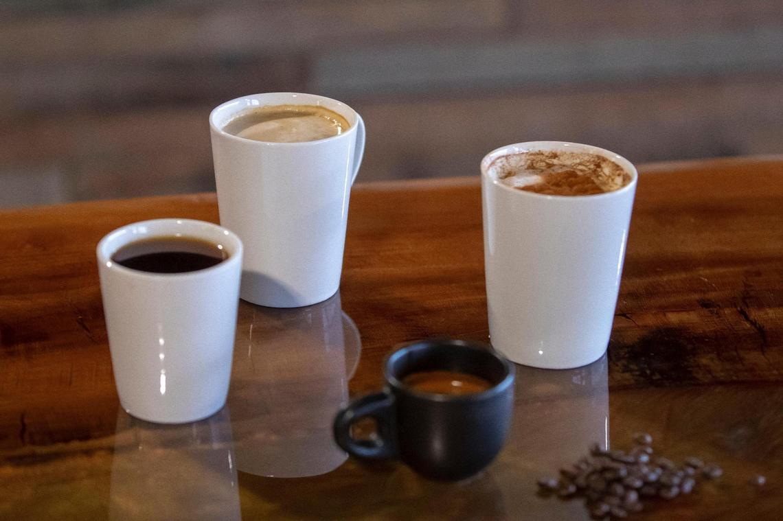 Chaotic Good, a new coffee shop at 561 S. Broadway, Suite 160, in Lexington, Ky., offers drip coffee, left, espresso, third from left, and lattes. The shop is opening Jan. 12.