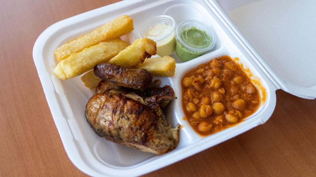 A lunch combo with quarter chicken, yuca fries and seasoned chickpeas from Chic Charc.
