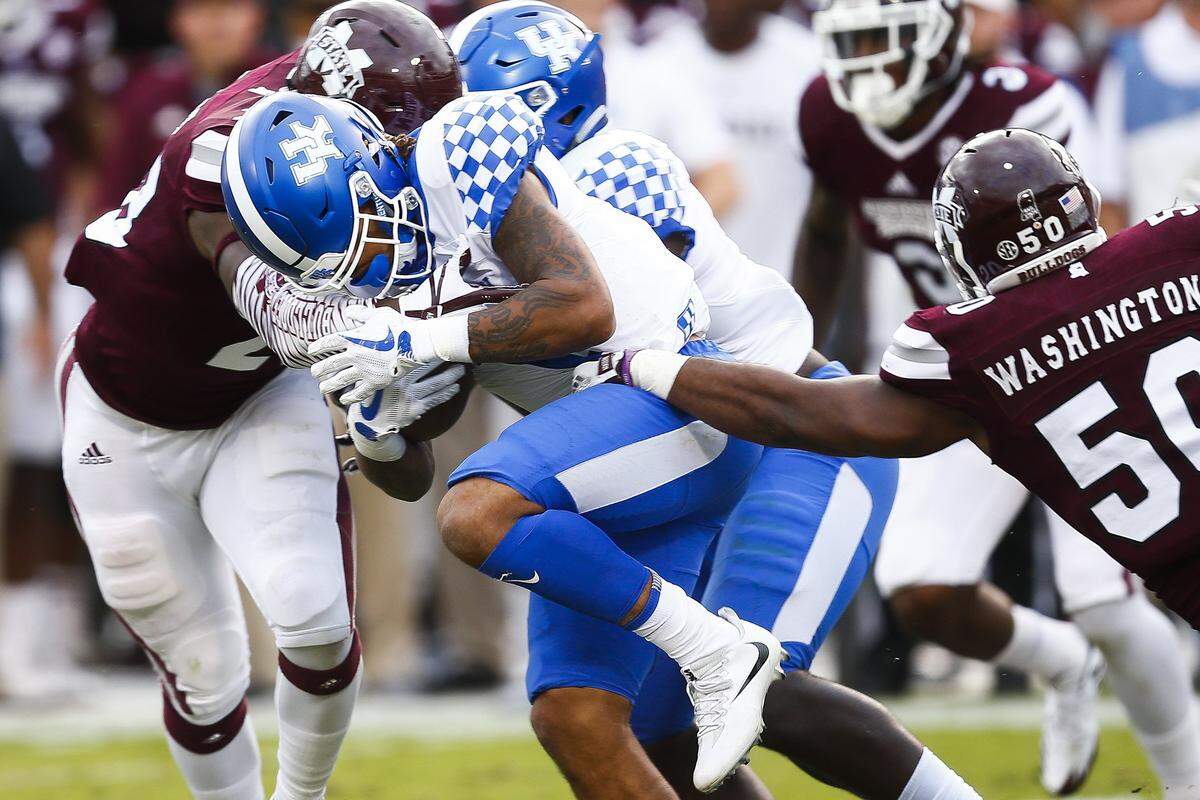 Kentucky went to Starkville, Miss., last year in a change-up uniform from the usual all-white look, wearing blue helmets, white jerseys and blue pants, which probably provided a better contrast since the Bulldogs also wore white pants at home.