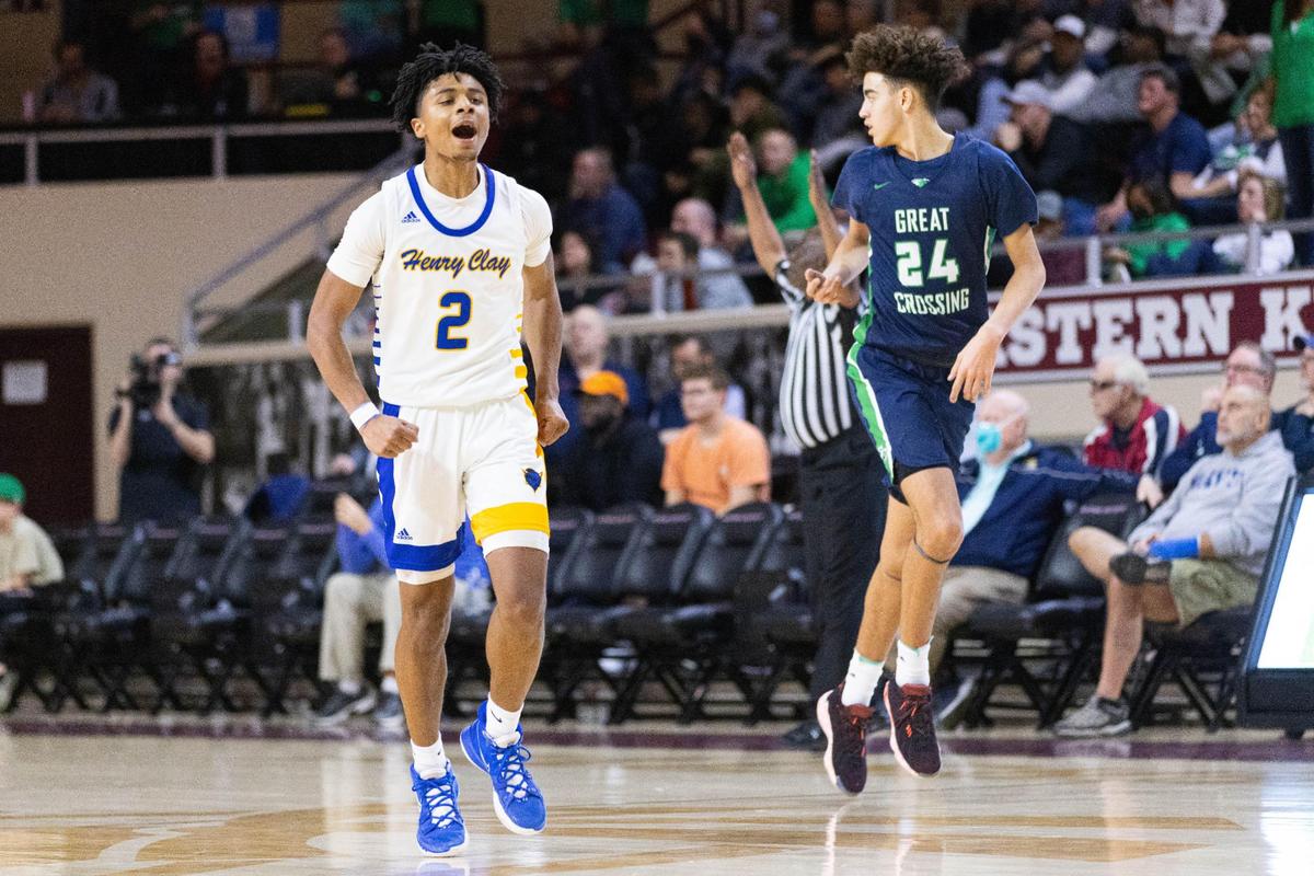 Henry Clay’s Aziel Blackwell (2) celebrates after making a three-pointer during Henry Clay’s win over Great Crossing on Friday night.
