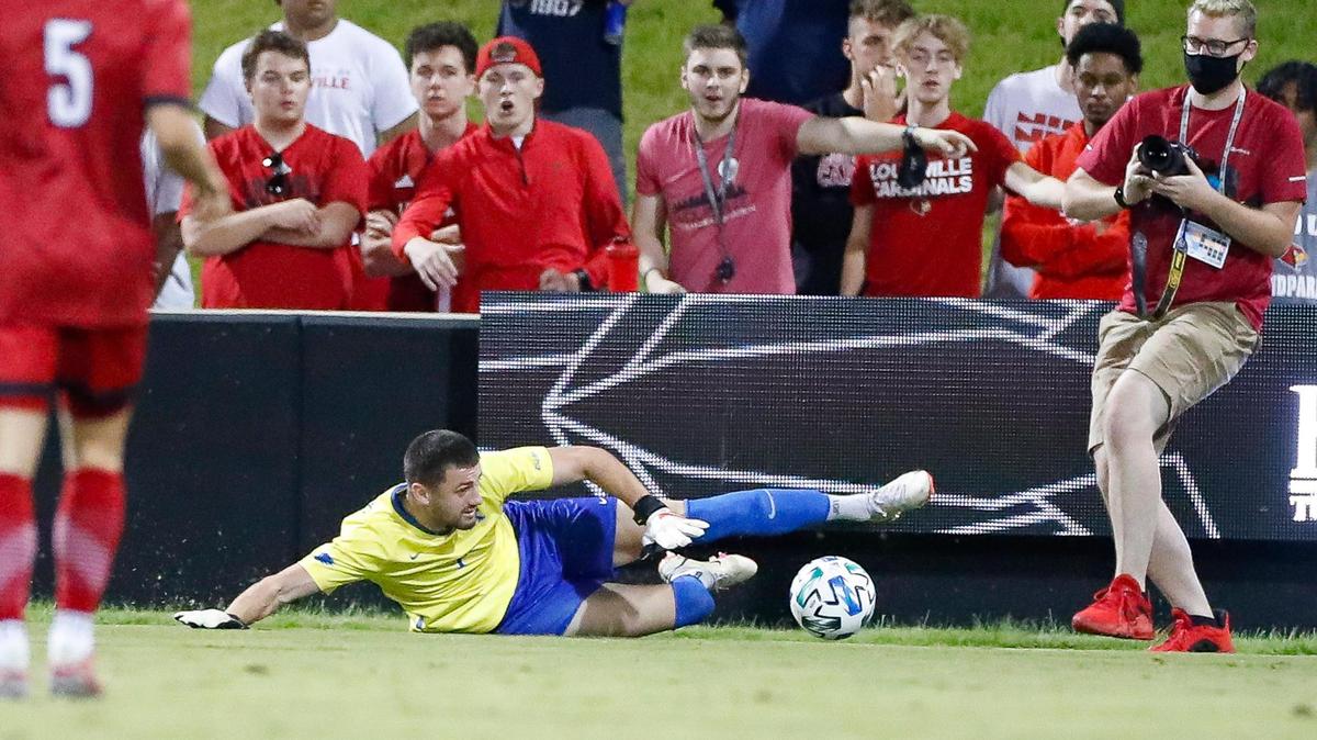 Kentucky goalkeeper Jan Hoffelner, (1) dives to save a ball during the Wildcats’ win at Louisville last month. Hoffelner made four saves Sunday night in a 0-0 draw between No. 8 Kentucky and No. 20 Florida International in Lexington.