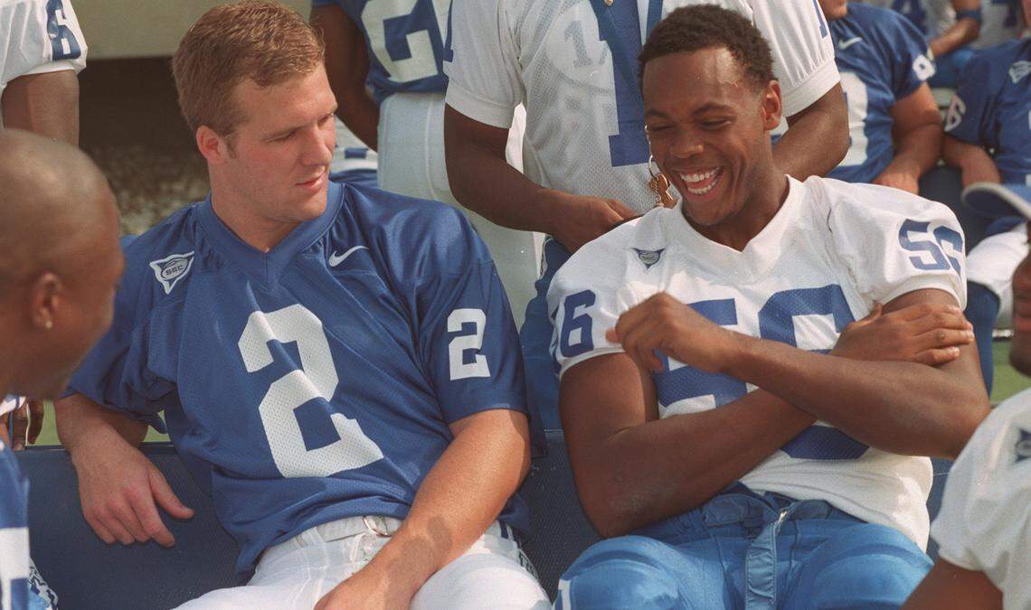 Kentucky quarterback Tim Couch talked with then-incoming freshman Dennis Johnson during the Wildcats’ football media day in 1998. Both had earned Mr. Football honors in high school and both were part of the Herald-Leader’s first list of top high school players, regardless of class, in 1994.