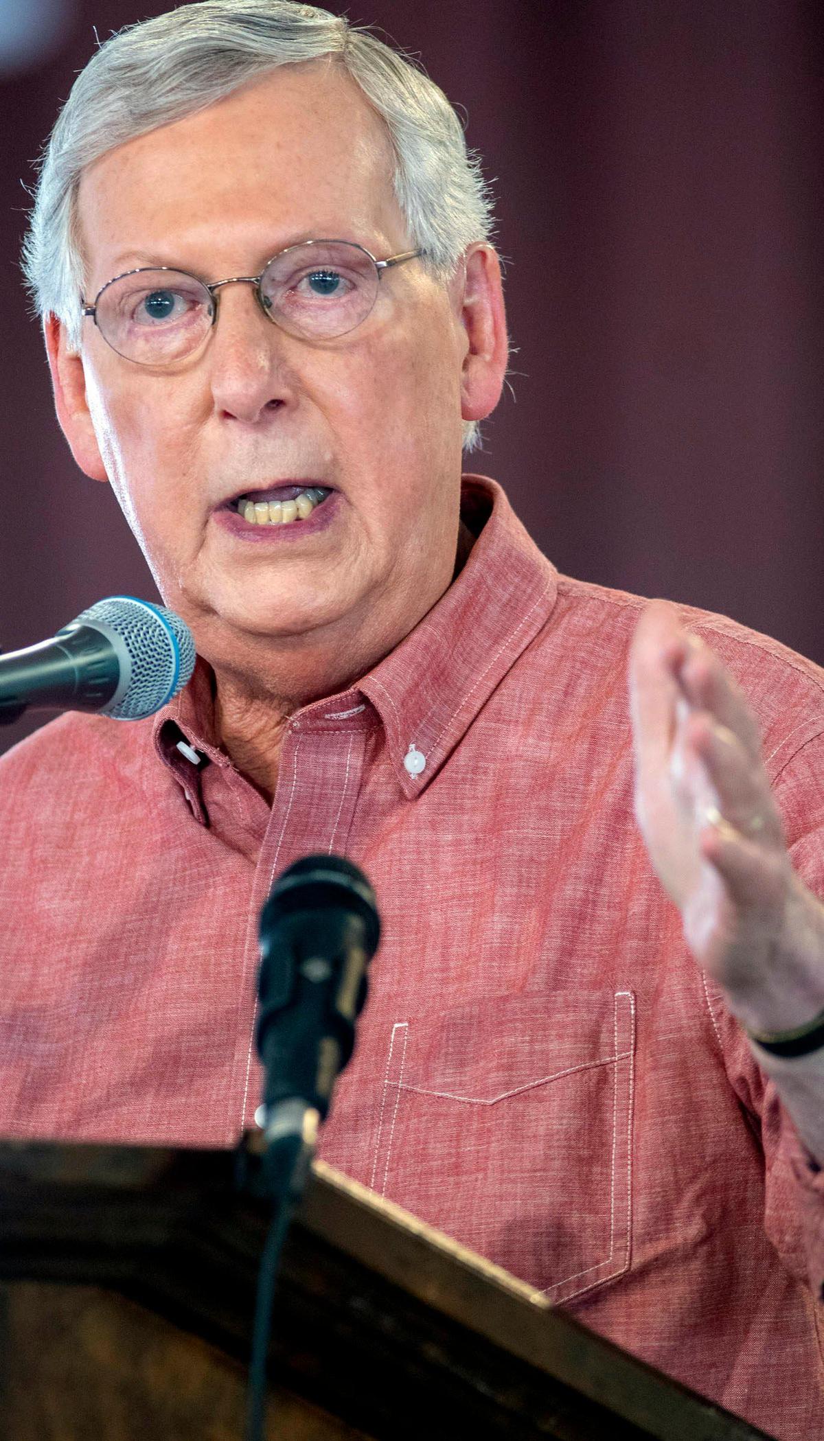 Senate Majority Leader Mitch McConnell delivers his speech Saturday, August 3, 2019, during the Fancy Farm Annual Fundraising Picnic in Fancy Farm. Ky.