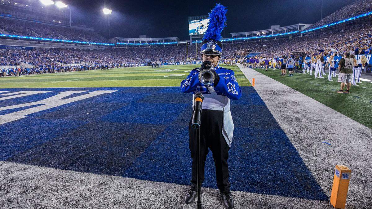 Nate Stombaugh performs “Call to the Post” prior to a home Kentucky football game this season at Kroger Field. Stombaugh, a music education major at UK, said there is about a two-second delay between when he plays the song to when he hears the music come out of the speakers at the stadium.