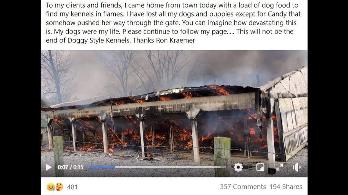 A dog kennel in a Kentucky community caught fire on Friday, April 23, 2021, killing dozens of dogs, according to the owner. The owner said the loss was “devastating.”