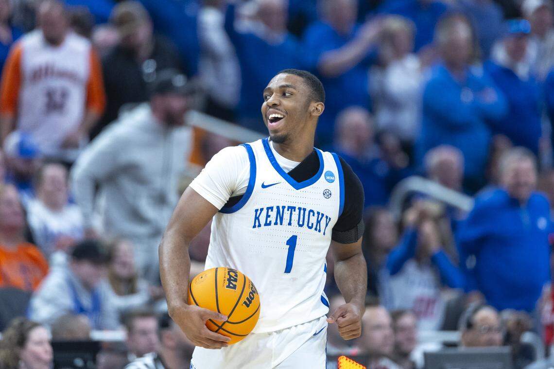 Kentucky guard Lamont Butler (1) reacts during a second-round NCAA Tournament game at Fiserv Forum in Milwaukee on Sunday.