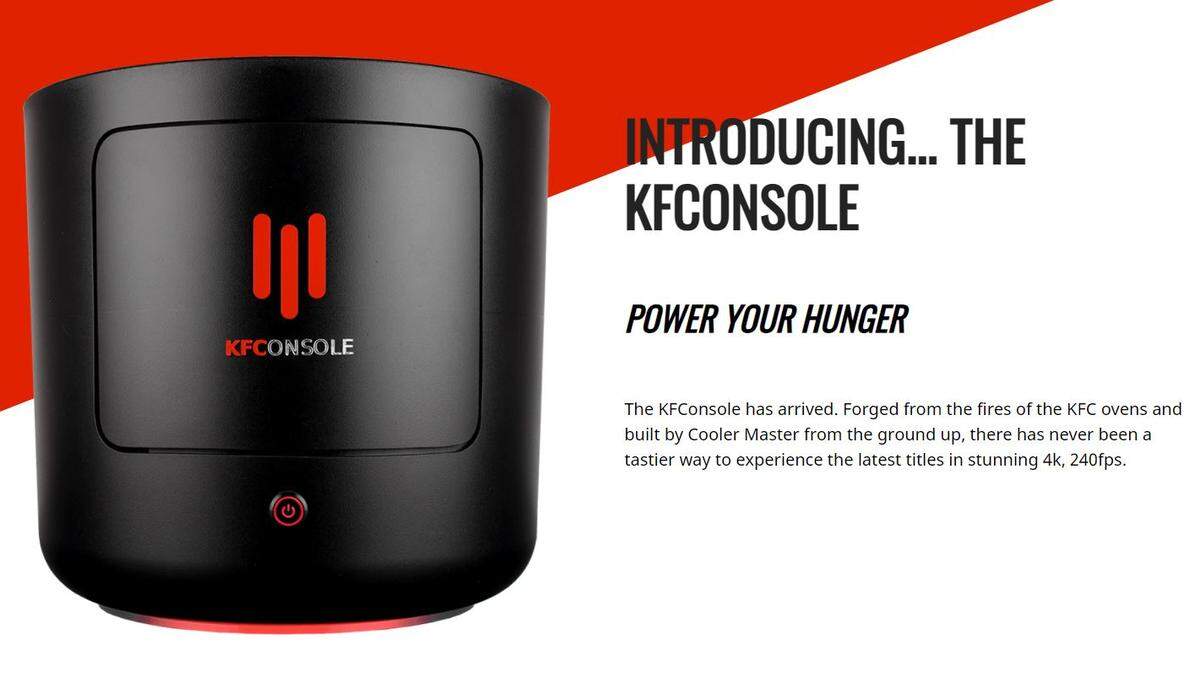 The KFConsole is developed by Kentucky Fried Chicken and Cooler Master. It’s looking to fight it out with PlayStation and Xbox for supremacy in the console wars, according to KFC.