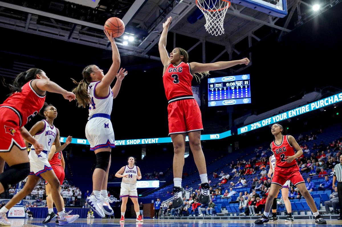 Ciara Byars (3) tries to block a shot by Mercer County’s Peyton Boyd (24) on Wednesday night in Rupp Arena. Byars led George Rogers Clark with 22 points and also blocked three shots.