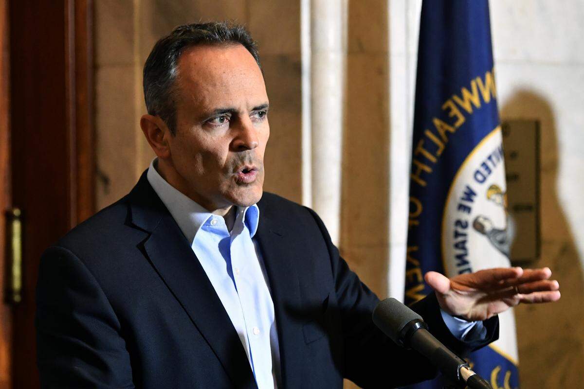 Republican Kentucky Governor Matt Bevin speaks with reporters as he conceded the gubernatorial race to democrat Andy Beshear in Frankfort, Ky., Thursday, Nov. 14, 2019.