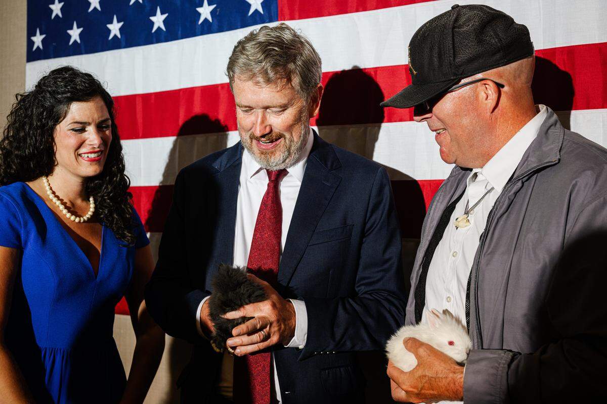 HEBRON, KENTUCKY - MAY 19: Rep. Thomas Massie holds a supporter's rabbit after his concession speech on May 19, 2026 in Hebron, Kentucky. Massie, who has served Kentucky's 4th Congressional District since 2012, conceded his loss after the most expensive US House Primary in US history against Trump-endorsed candidate Ed Gallrein. (Photo by Jon Cherry/Getty Images)