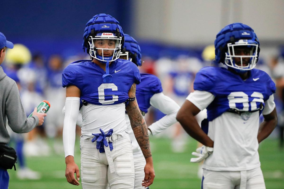 Kentucky wide receiver Dane Key (6) on the field in between plays during Tuesday’s open practice on Tuesday.