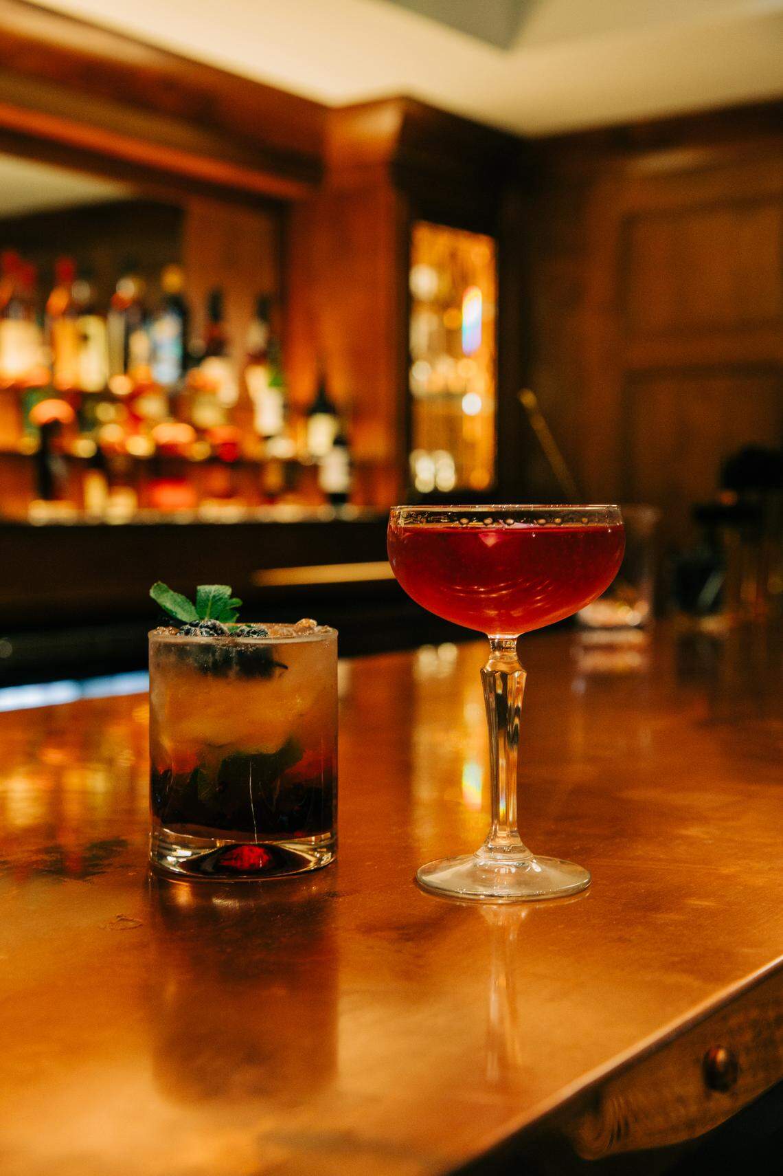 Blackberry Bourbon Smash and the Secret Handshake cocktails at the speakeasy in Frankfort’s St. Clair Hotel
