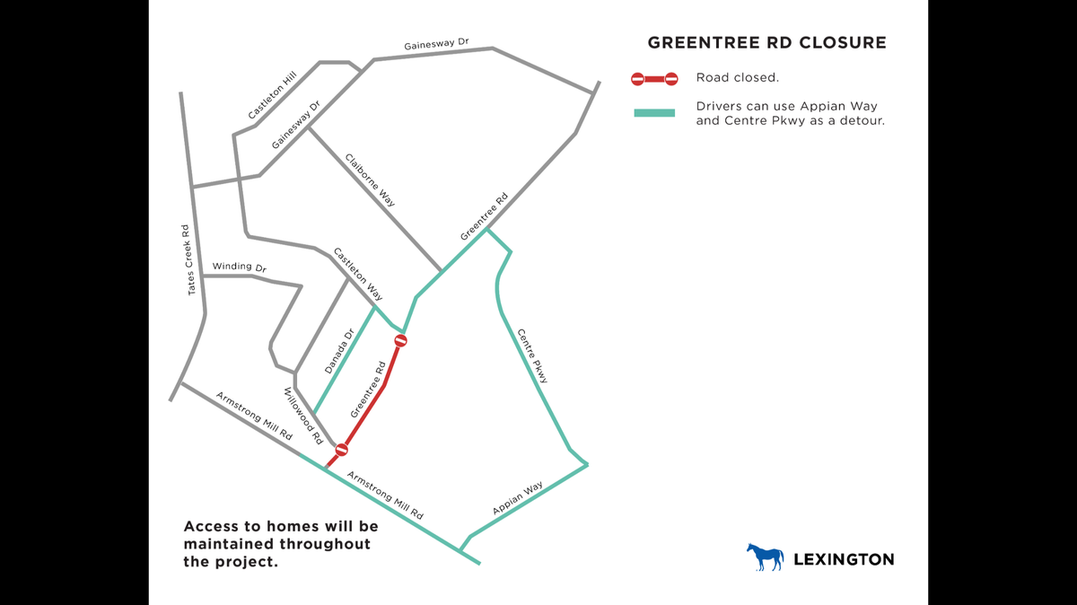 A section of Greentree Road will be closed starting April 24, 2023, for a major sewer line replacement project at Greentree Road.