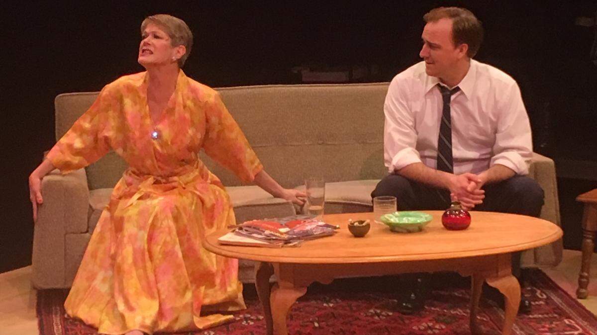 Sherman Fracher as Martha and Jarred Baugh as Nick and in the AthensWest Theatre Company production of ‘Who’s Afraid of Virginia Woolf?’ The play runs Feb. 8-24 at the Pam Miller Downtown Arts Center.